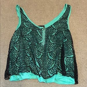 Material Girl Mint Tank with Black Lace Overlay and Front Zip
